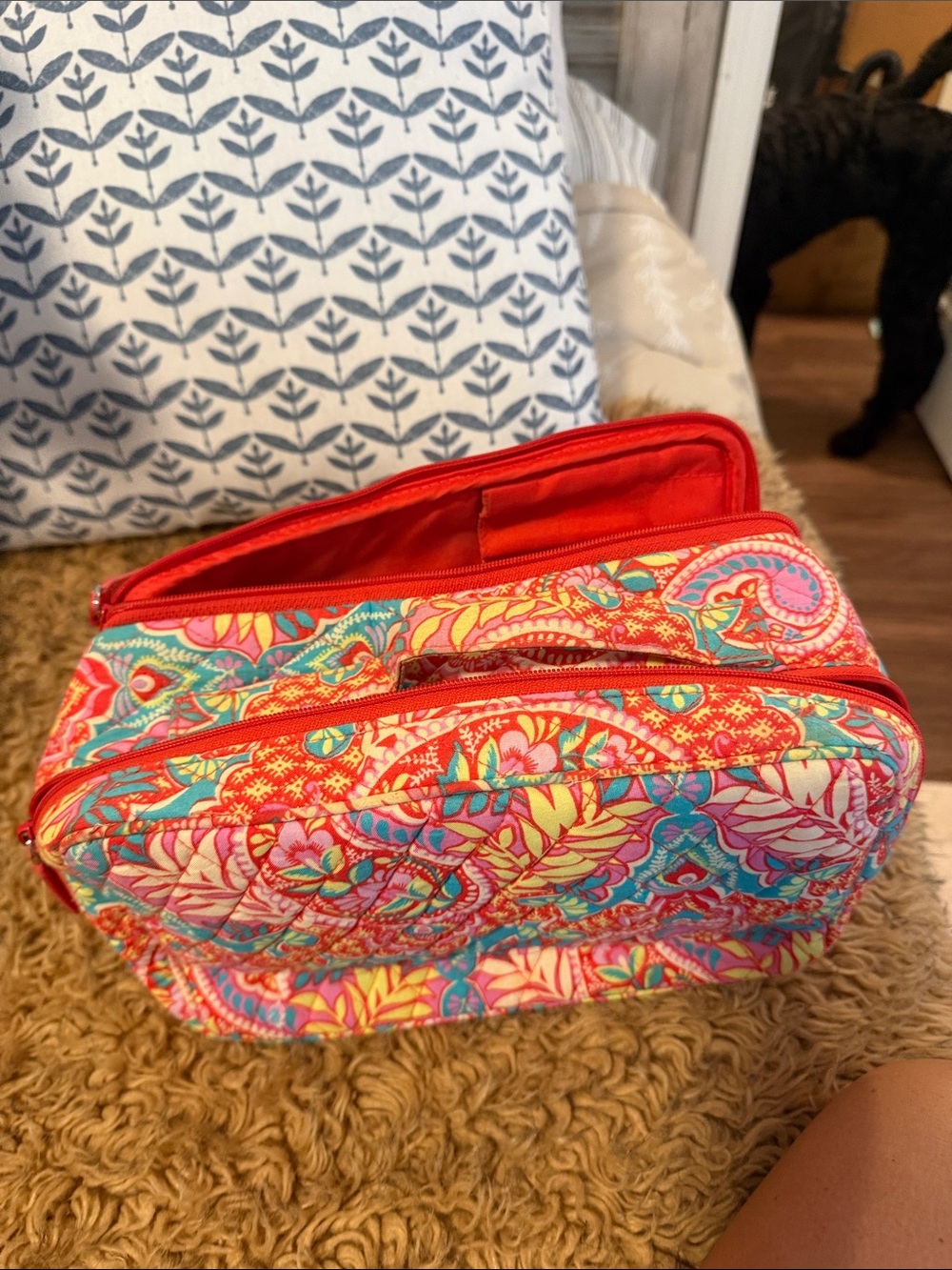 Quilted Floral Red Multi Zippered Cosmetic Bag